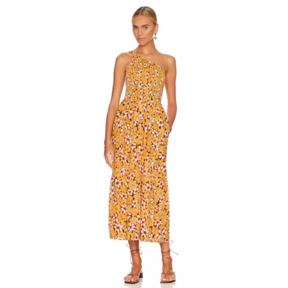 Khalani One Shoulder Midi Dress - Smocked Bodice - Orange Floral Print